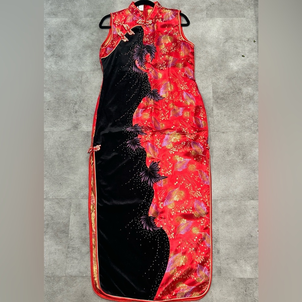 Vibrant Red and Black Vietnamese Maxi Dress